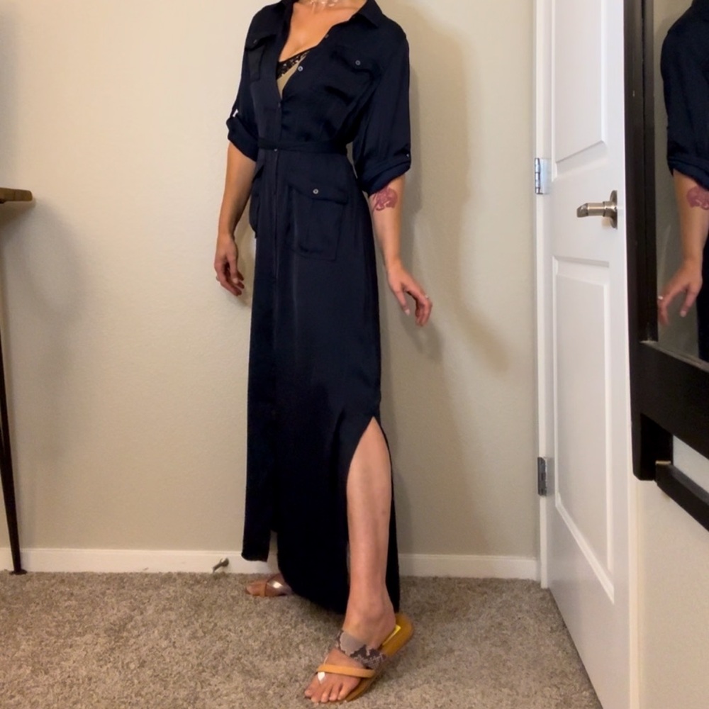 Madewell silk navy button down dress with tie. M. NWT
